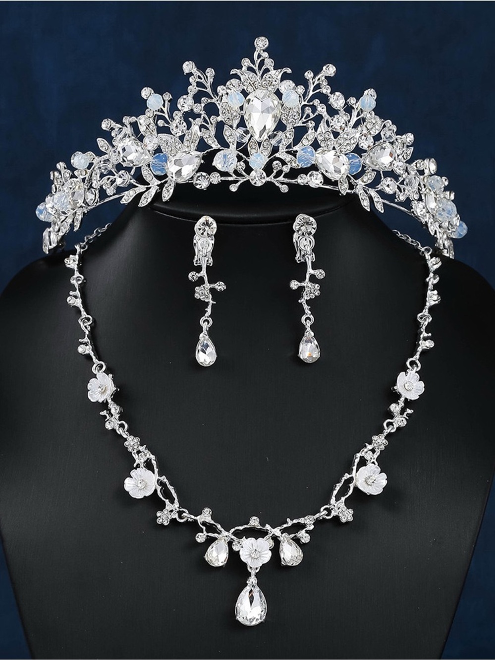 Silver Crystal Bridal Tiara Necklace & Earring Set - Silver
